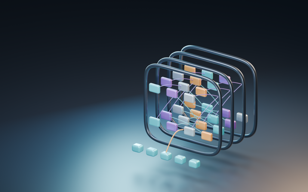 Modern 3D render of interconnected geometric cubes in a futuristic abstract design.